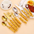 New 304 Stainless Steel Flatware Set Bamboo Handle Spoon Knife Fork Set Golden Cutlery Set