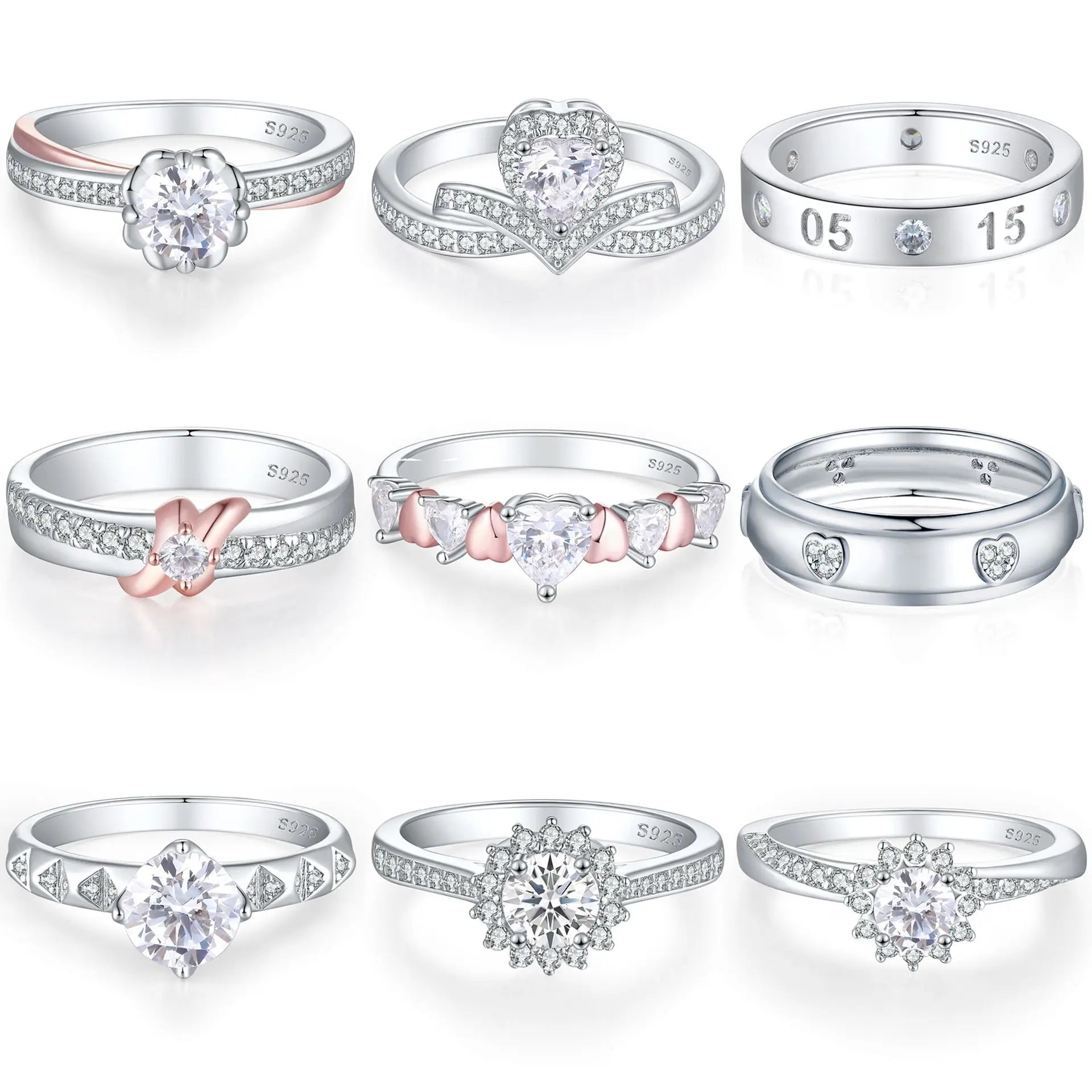 925 Sterling Silver Heart-Shape Wedding Ring Rhodium-Plated Princess Cut Diamond Free Logo for Anniversary Party Loved Women