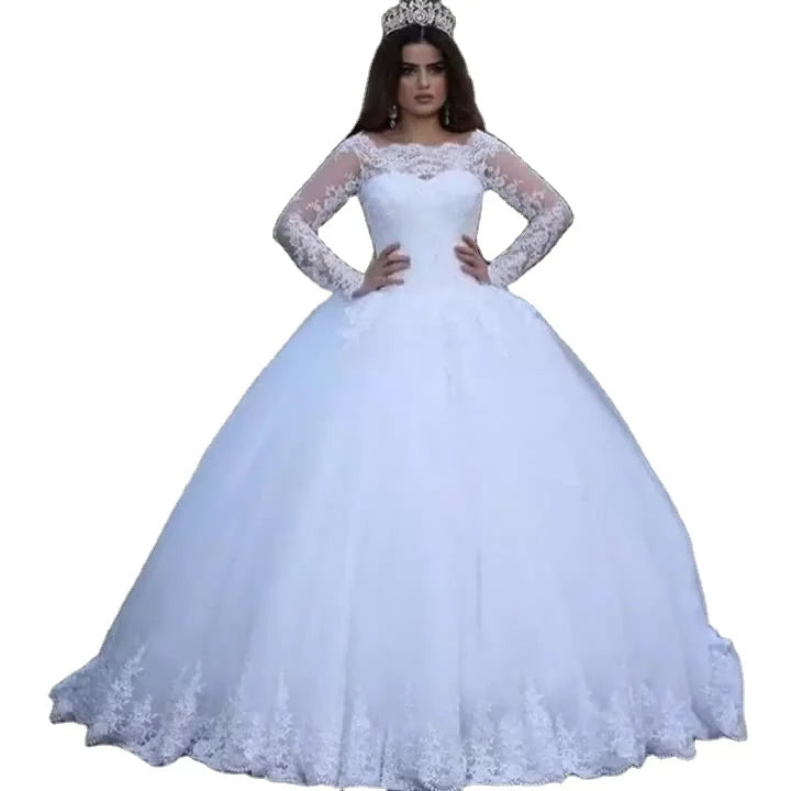 New Fashion Vestido De Noiva Bridal Tulle Mariage Simple Long Sleeve Lace Wedding Dress