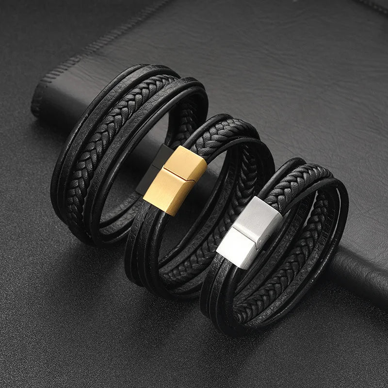 New Design Matte Silver Stainless Steel Clasp Multi Genuine Leather Bracelet for Men With Custom Logo