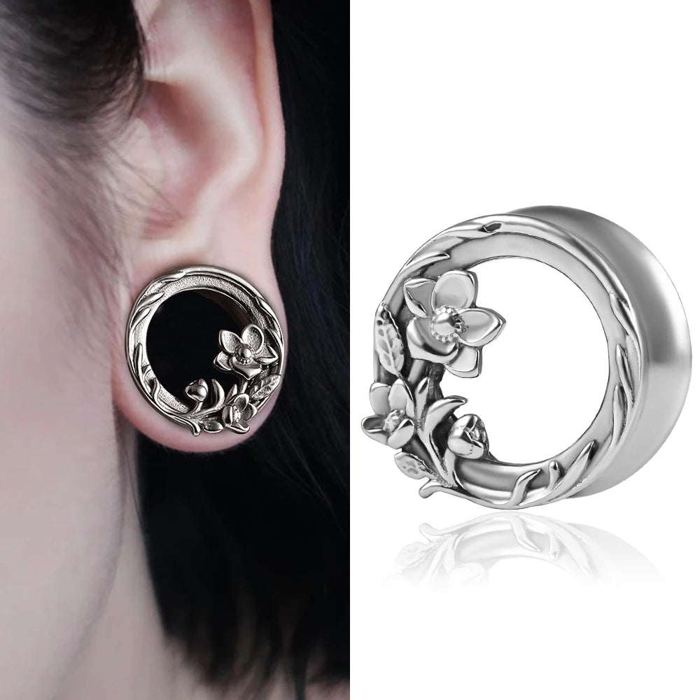 Evorte New Custom Gold Plated 316L Stainless Steel Ear Expander Tunnel Plug Flower Gauges Earring Ear Stretching Jewelry