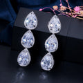 Top Quality Brilliant Silver Color CZ Cubic Zircon Crystal Wedding Bridal Engagement Long Tear Dangle Drop Earrings for Brides