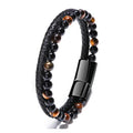 Trendy Black Leather Men's Bracelet with Tiger Eye and Lava Stone Natural Stone Handcrafted for Gifts