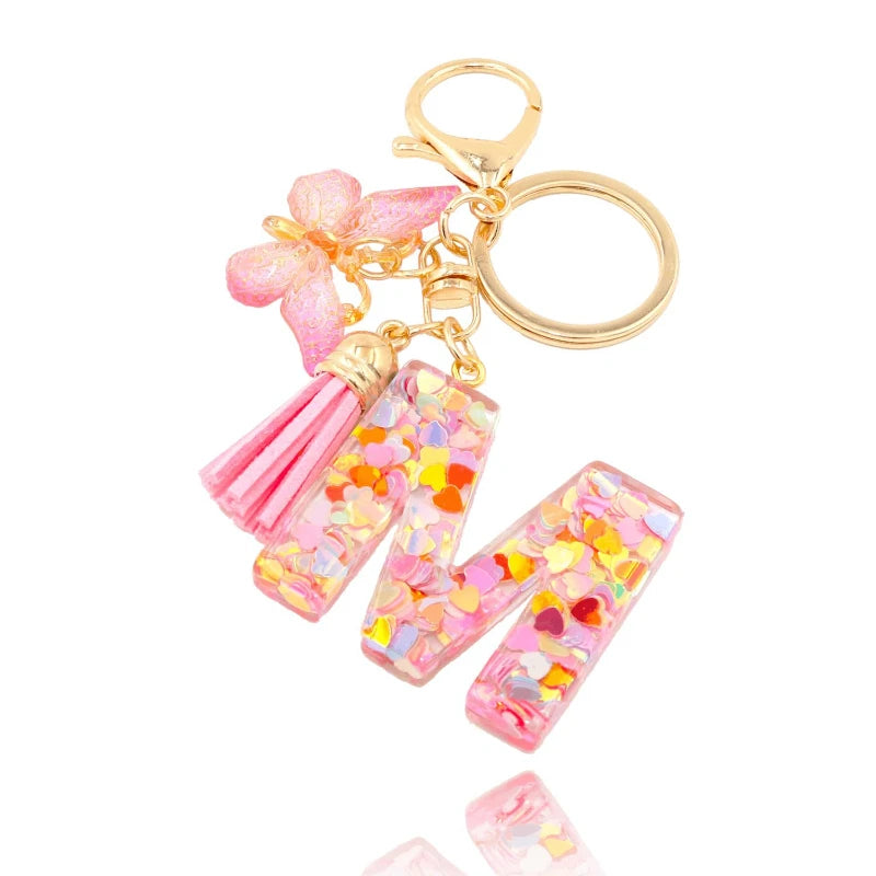 Resin Butterfly Letter Heart Sequin Keychains English Alphabet Crystal Women Key Chains Ring Tassels Keyring Holder Pendent Gift