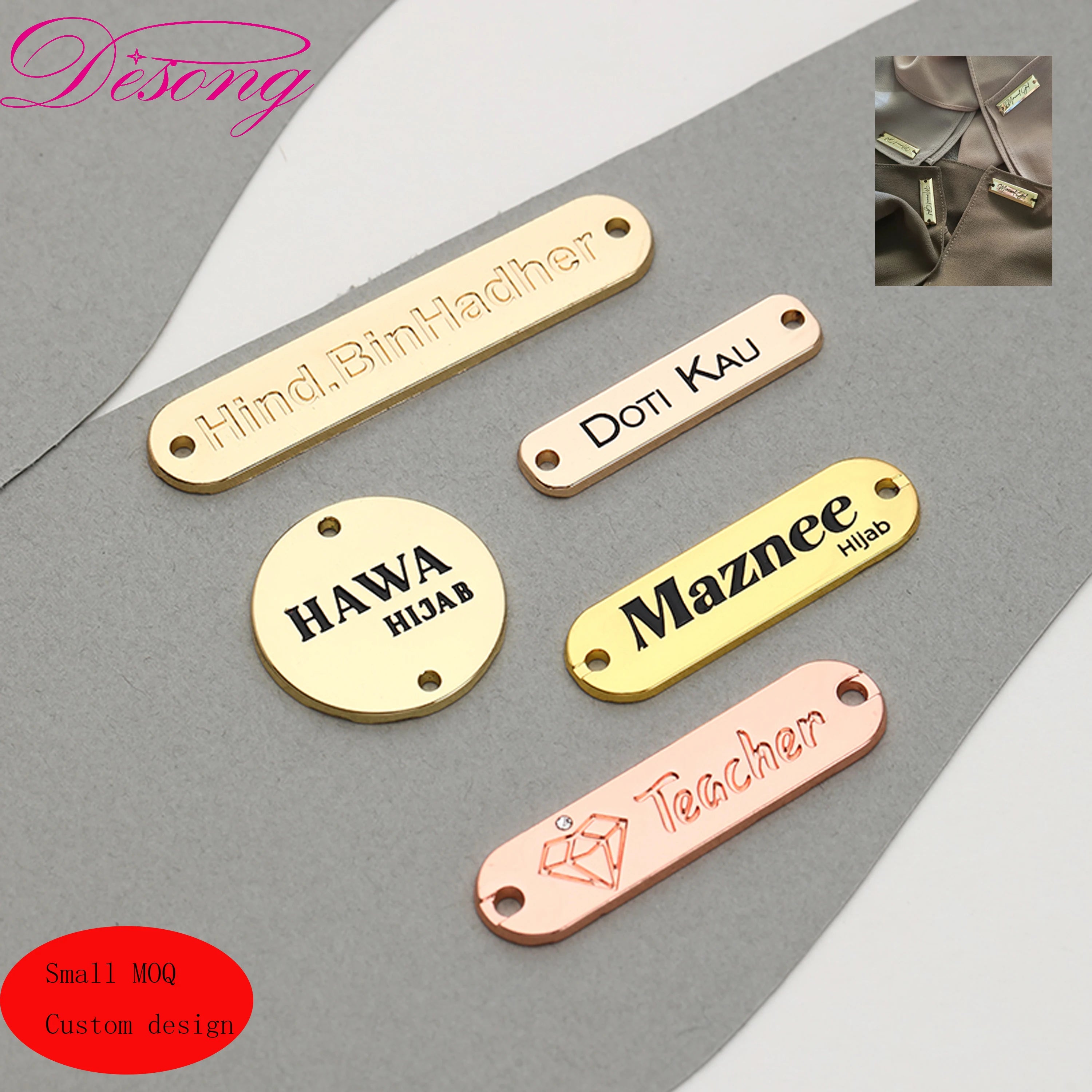 Customized Plated Gold Brand Logo Tags Metal Clothing Label Rectangle Plaque Engraved Sewing Round Metal Logo for Clothes