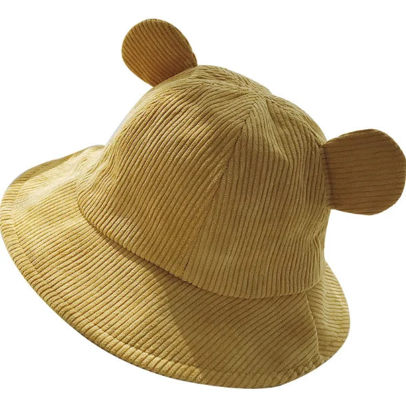 Korean Style Flat Fisherman Bucket Hat Cute Ears Wide Brim Lovely Corduroy for Women and Kids All-Match Casual Accessory
