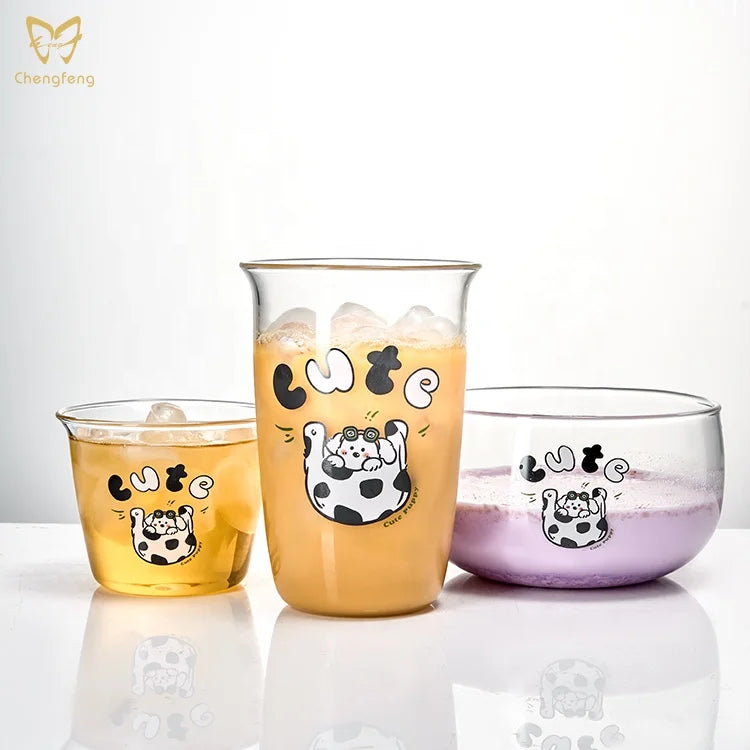 Custom Korea Cartoon Cute Glass High Borosilicate  Glass Cup  Drinking Glass Set
