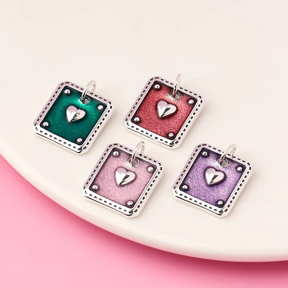 Hertiny 925 Sterling Silver Square Heart Enamel Charm Pendant for Jewelry Making Supplies 15.4*17mm