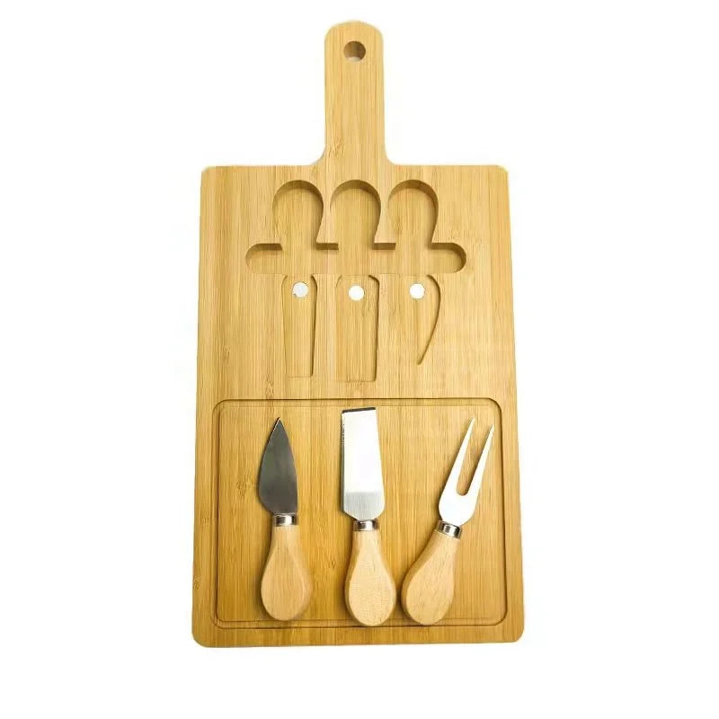 New Rectangle Bamboo Kitchen Cheese Cutting Board Set Tray with Knife Slide Nature