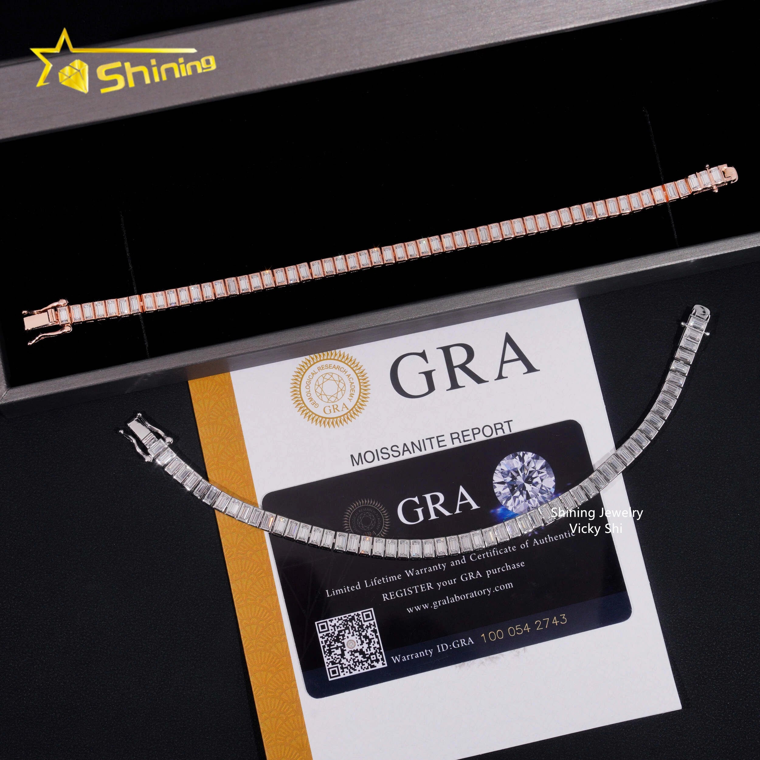 New Trendy Design Fine Jewelry Women Bracelet 925 Sterling Silver Bezel Emerald Cut Moissanite Tennis Chain Bracelet
