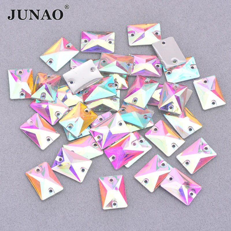 JUNAO 13*18mm Sewing Rectangle Stones Non Hotfix Rhinestones Decorations Resin Stones With Hole for Garment