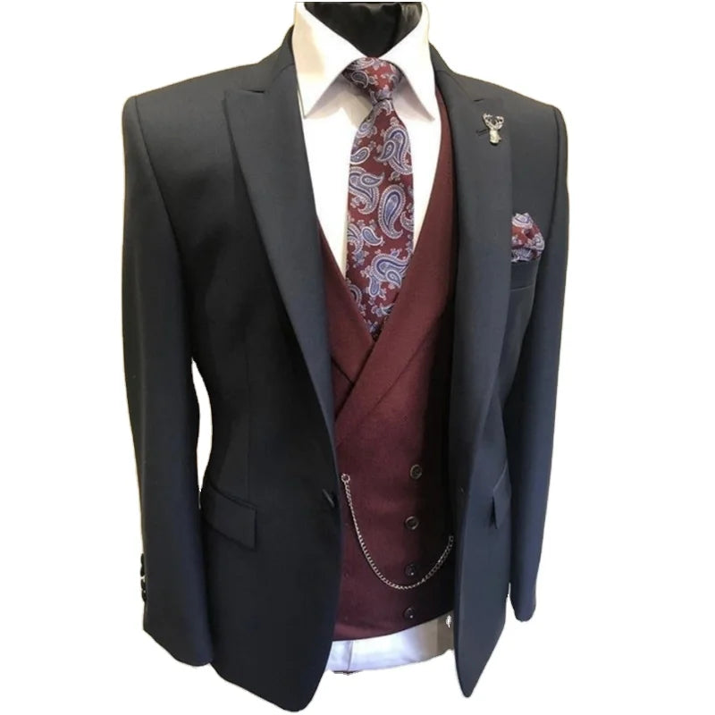Formal Black Men Suits Burgundy Vest Wedding Tuxedos Custom Blazer Slim Fit Grooms Mens Wear Prom Dress 3 Pcs Jacket+Vest+Pants