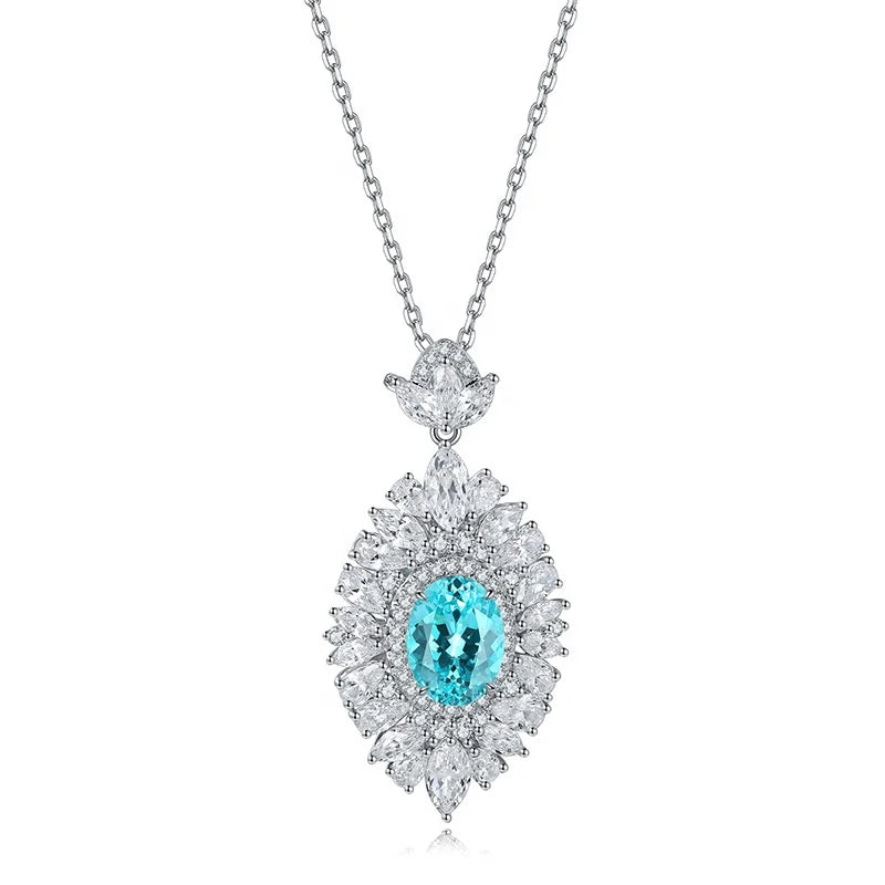 Custom Wedding Bamboo Rhodium Plated 925 Sterling Silver Oval Cut Cultivated Gemstone 4.02CT Paraiba Pendant Necklace