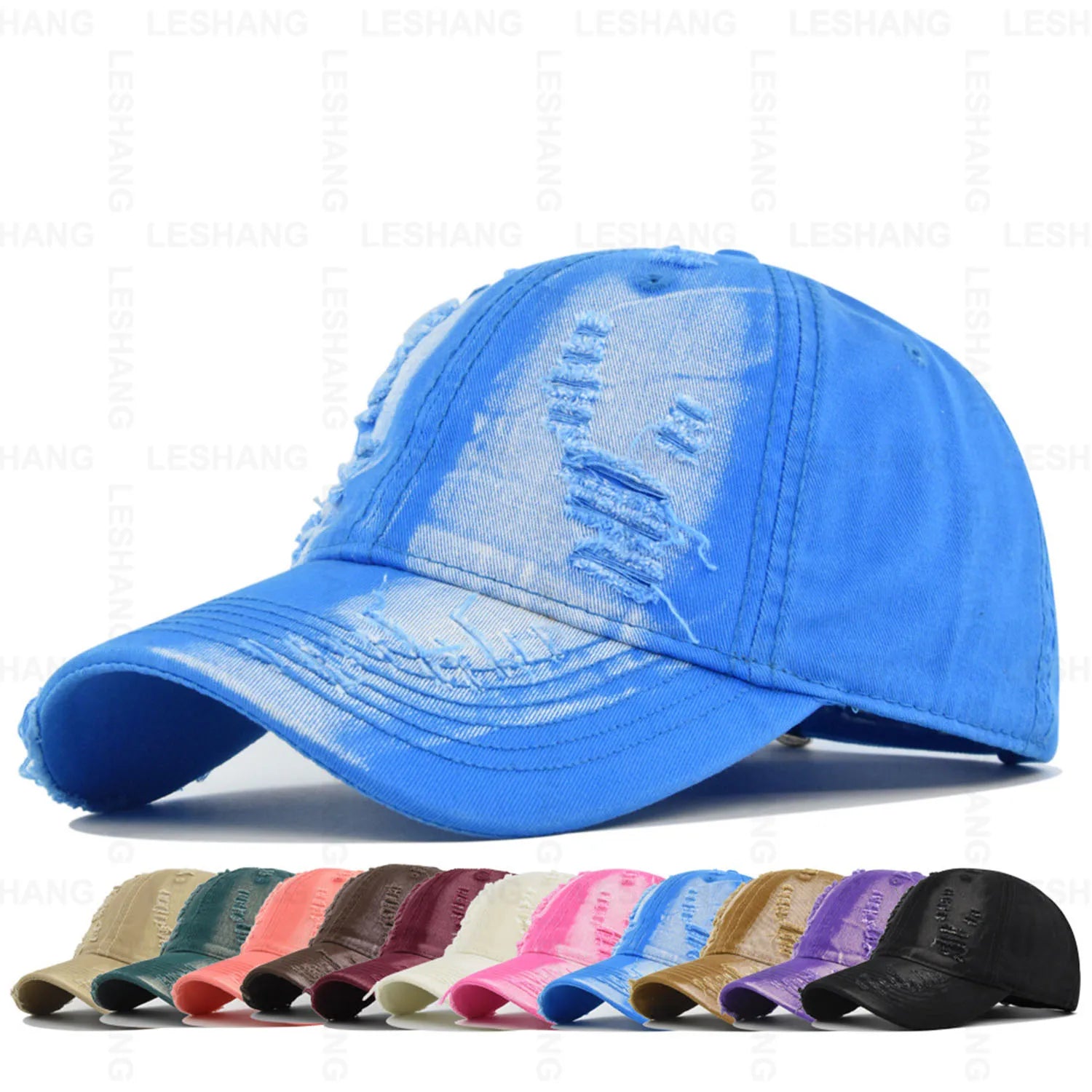 Wholesale Custom Logo Washed Vintage Denim Embroidered Ripped Baseball Cap Distressed Worn Out Dad Hats Sporty Image