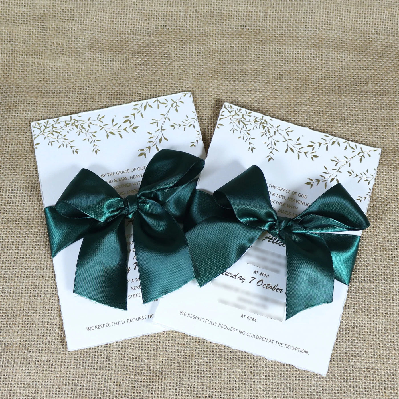 Custom Wedding Handmade Cotton Paper Invitations Dark Green Envelope Watercolor Printing Liner and Ribbon