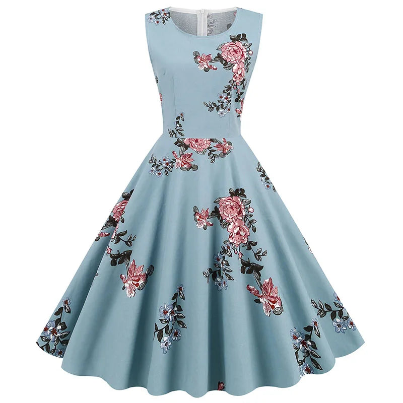 Vintage 1950s 60s Floral Print Dress Retro Rockabilly Sleeveless Dress for Women
