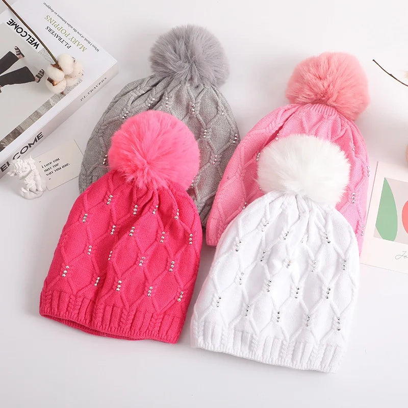 Winter Women's Knitted Woolen Hat Pure Color Thick Warm Bling Rhinestone Beanie Hat Fashionable Pompom Knitted Hats