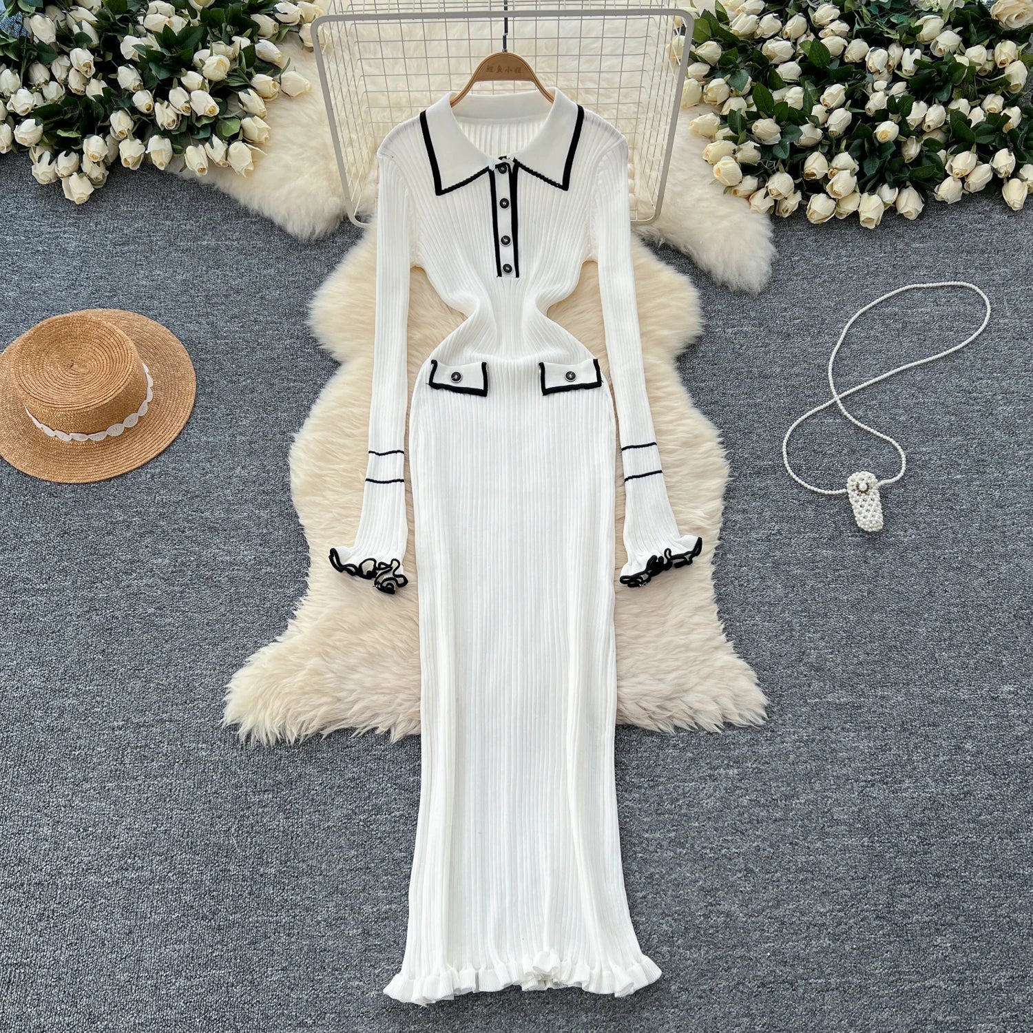 French Fall Winter Women'S Fashion Color Collision Lapel Long Sleeve Slim Knit Casual Long Dresses