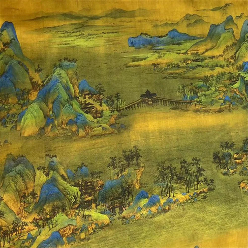 Artful Vintage Chinese Landscape Painting Printed Style Spandex Silk Stretch Satin Fabric for Lady Cheongsam Sleepwear