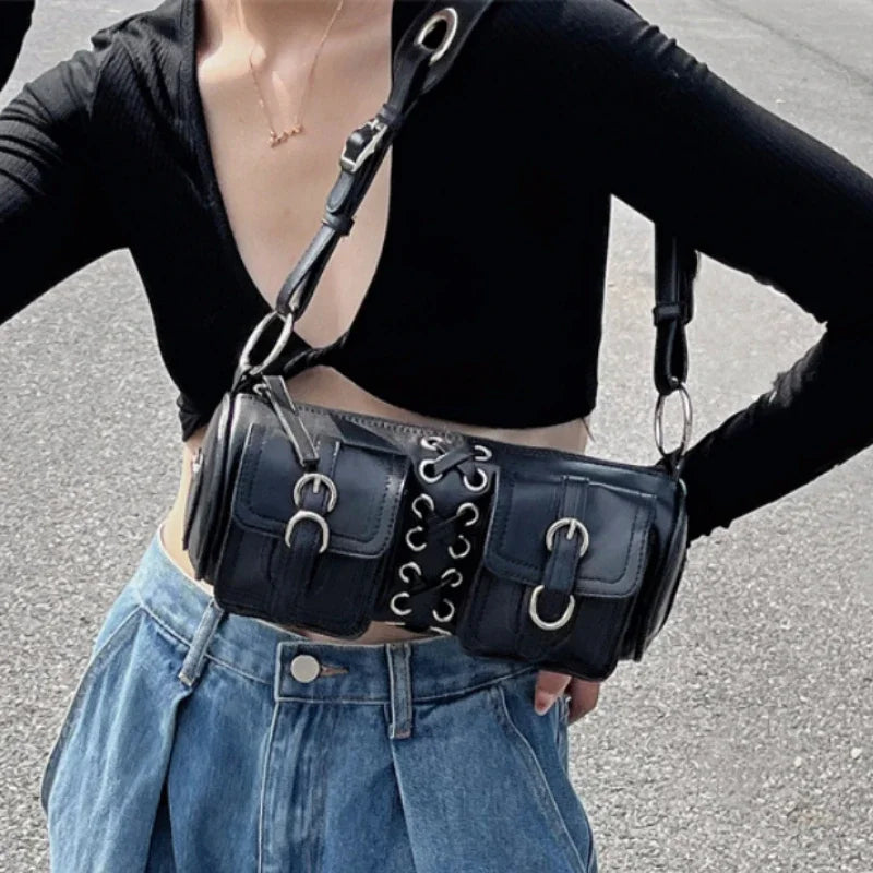 Vintage Black Women Cylinder Underarm Bags Double Pocket Design Ladies Shoulder Bag Fashion Female PU Leather Purse Handbags
