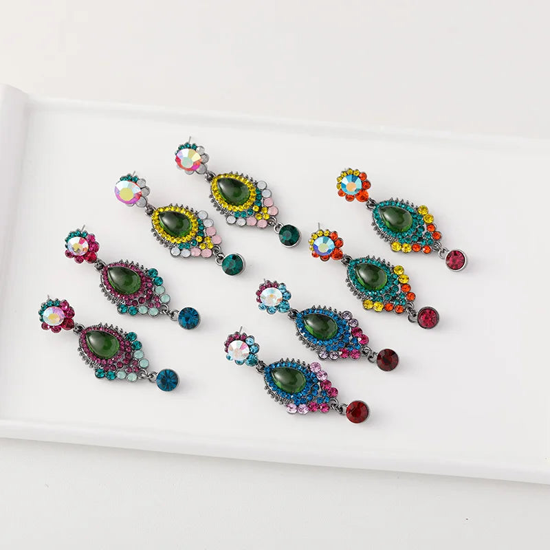 Retro Gemstone Silver Earrings Women Acrylic Colorful Rhinestone Geometric Earrings