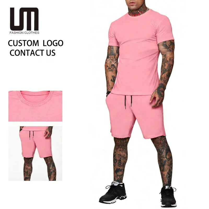 Custom Logo Wholesale Summer Men Sports Suit Tracksuit Short Sleeve T Shirt Shorts Gyms Fitness 2 Piece Set