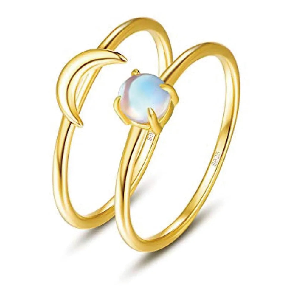 925 Sterling Silver Gold Plated Moon and Sun Moonstone Thumb Couple Ring Set for Women