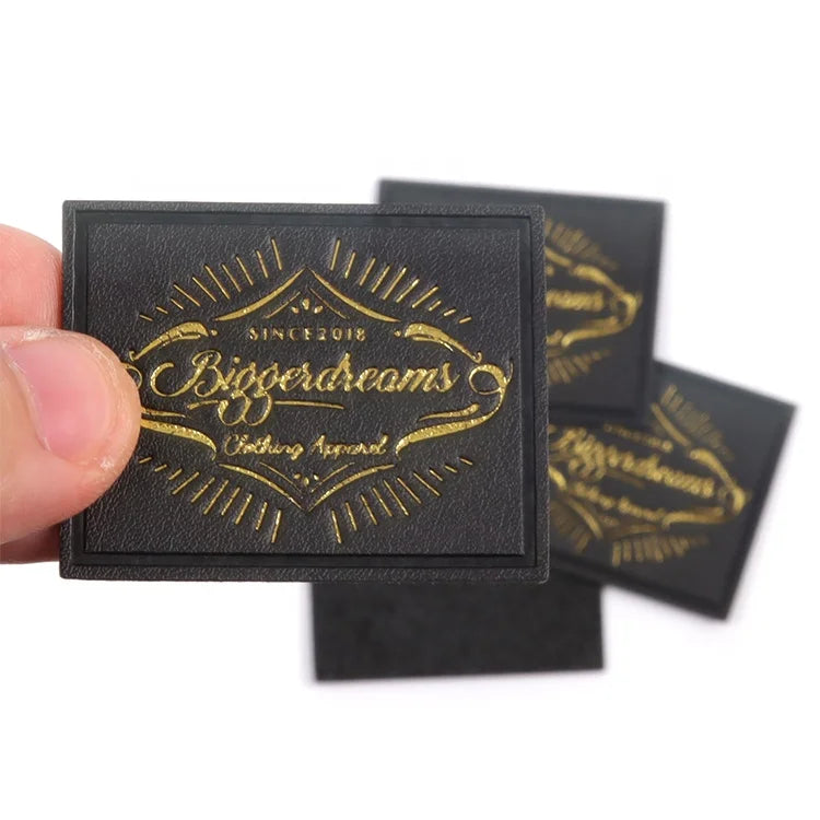 Jeans Clothing Labels Wholesale Custom Gold Foil Logo Debossed PU Leather Patches for Hats