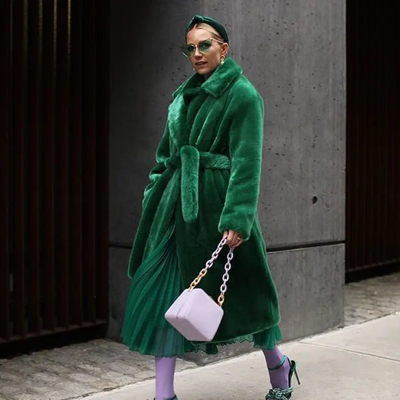 Luxury Custom Long Plus Size Women's Trench Coat Winter Fake Rabbit Fur Overcoat Big Lapel Light Panel Animal Print Fleece