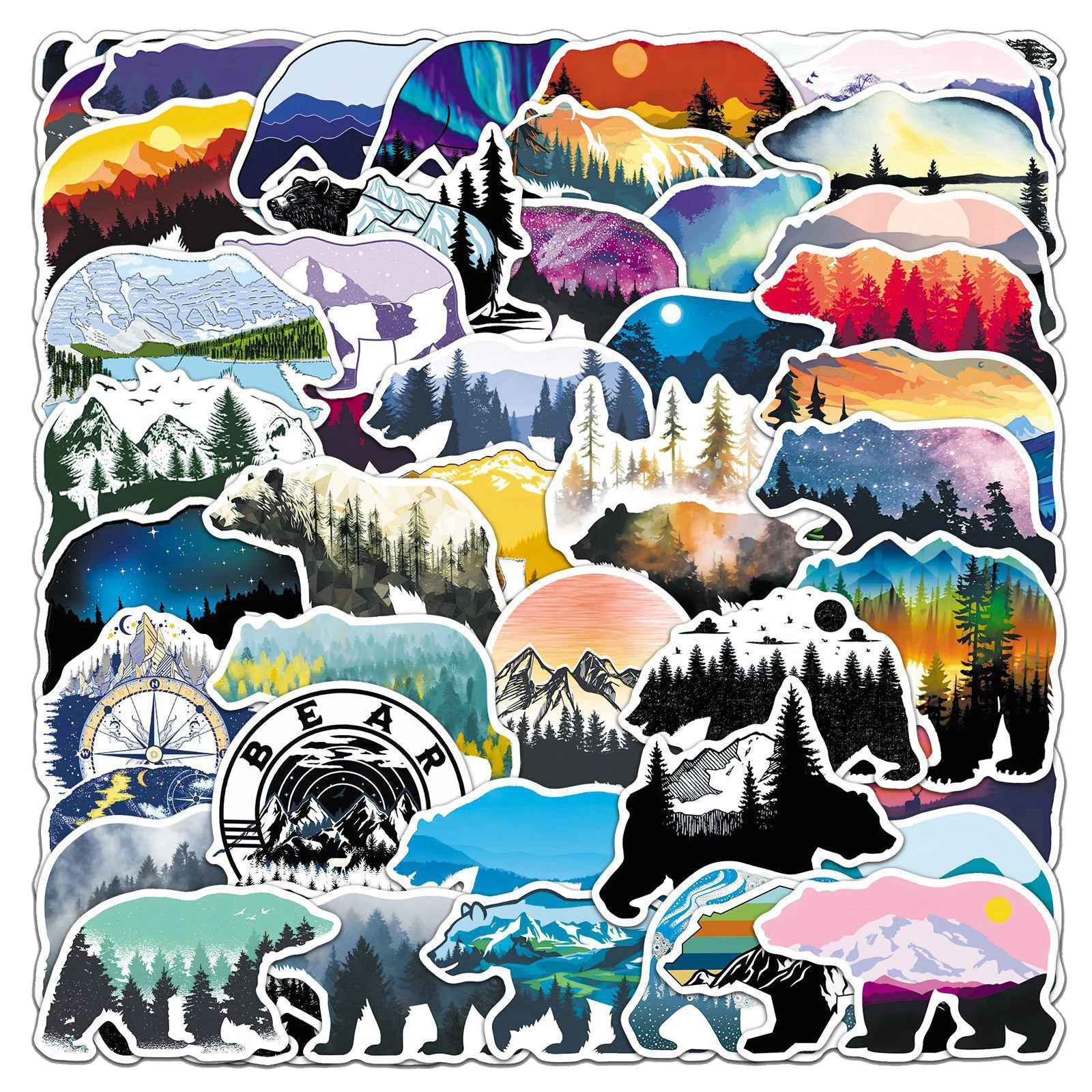 50Pcs Personalized Mountain Brown Bear Graffiti Stickers for Luggage Bottle Decor Bear Sketch Sticker