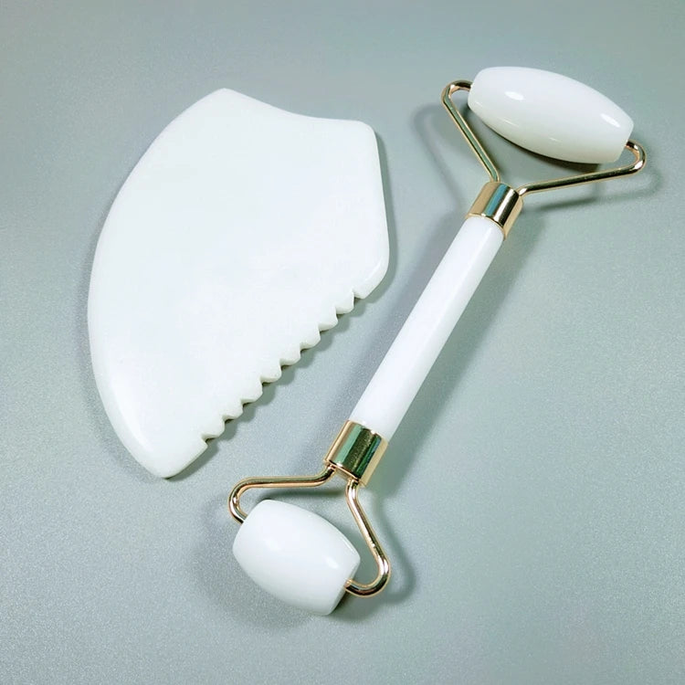 DIY Crystal Hot Sales Skin Care Tools Custom 100% Natural Facial Massage Roller White Jade Face Jade Roller Gua Sha Set with Box