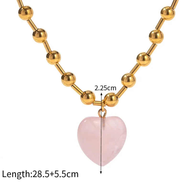 Hip Hop Punk Dainty Bead Chain Heart Shape Crystal Pendant 18K Gold Plated Stainless Steel Women's Wedding Anniversary Necklace