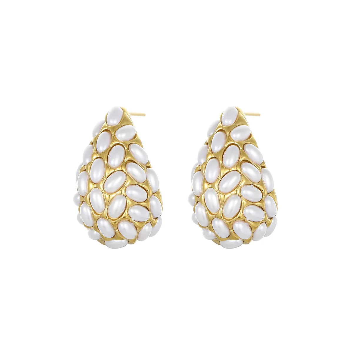 New French Retro Stainless Steel 18k Gold Plated Water Drop Pearl Women Waterproof Earrings YF6286