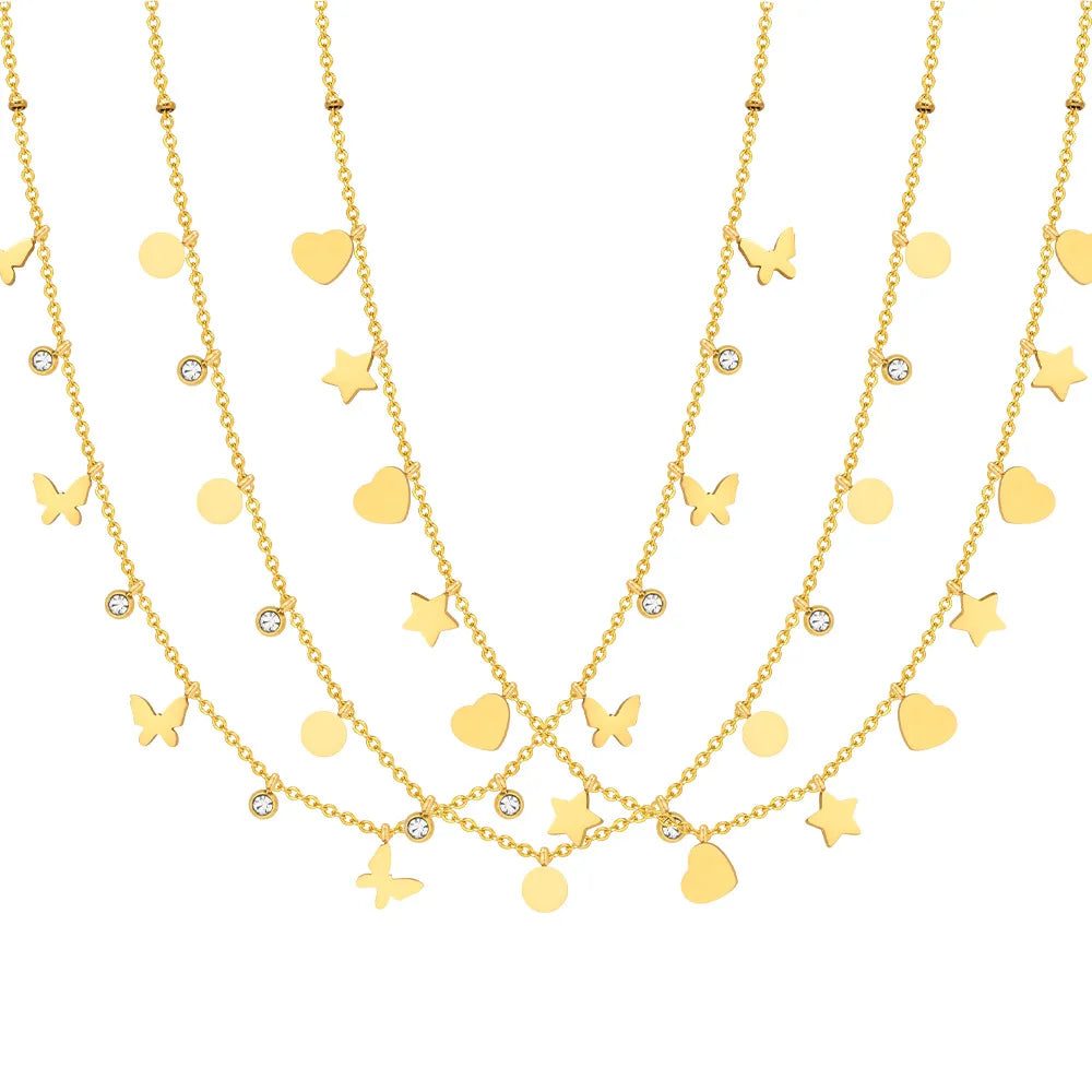 Cute Designer Stainless Steel 18k Gold Plated Butterfly Heat Star Tassel Choker Zircon Necklace for Women Jewelry NC1545