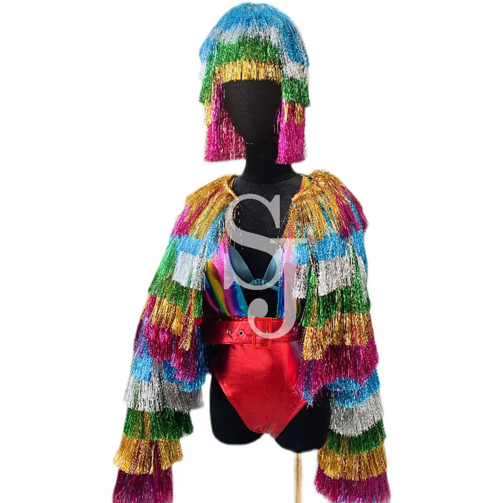 Rainbow Women Gogo Tassel Coat Wig Bodysuit Set Singer Stage Show Bar Commercial Christmas Amusement Dance Costume