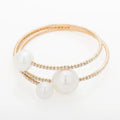 Gold Plated 3-Row Rhinestone and Big Pearl Crystal Bracelet Opening Bangles for Ladies Fashionable Gift