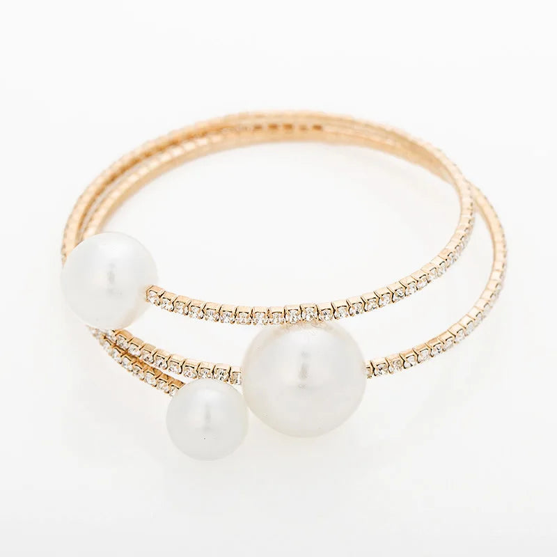 Gold Plated 3-Row Rhinestone and Big Pearl Crystal Bracelet Opening Bangles for Ladies Fashionable Gift
