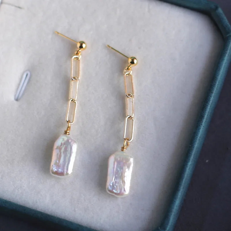 Gold Plated Drop Earrings Fresh Water Cultured Genuine Bell Pearl Long Chain Wedding & Anniversary