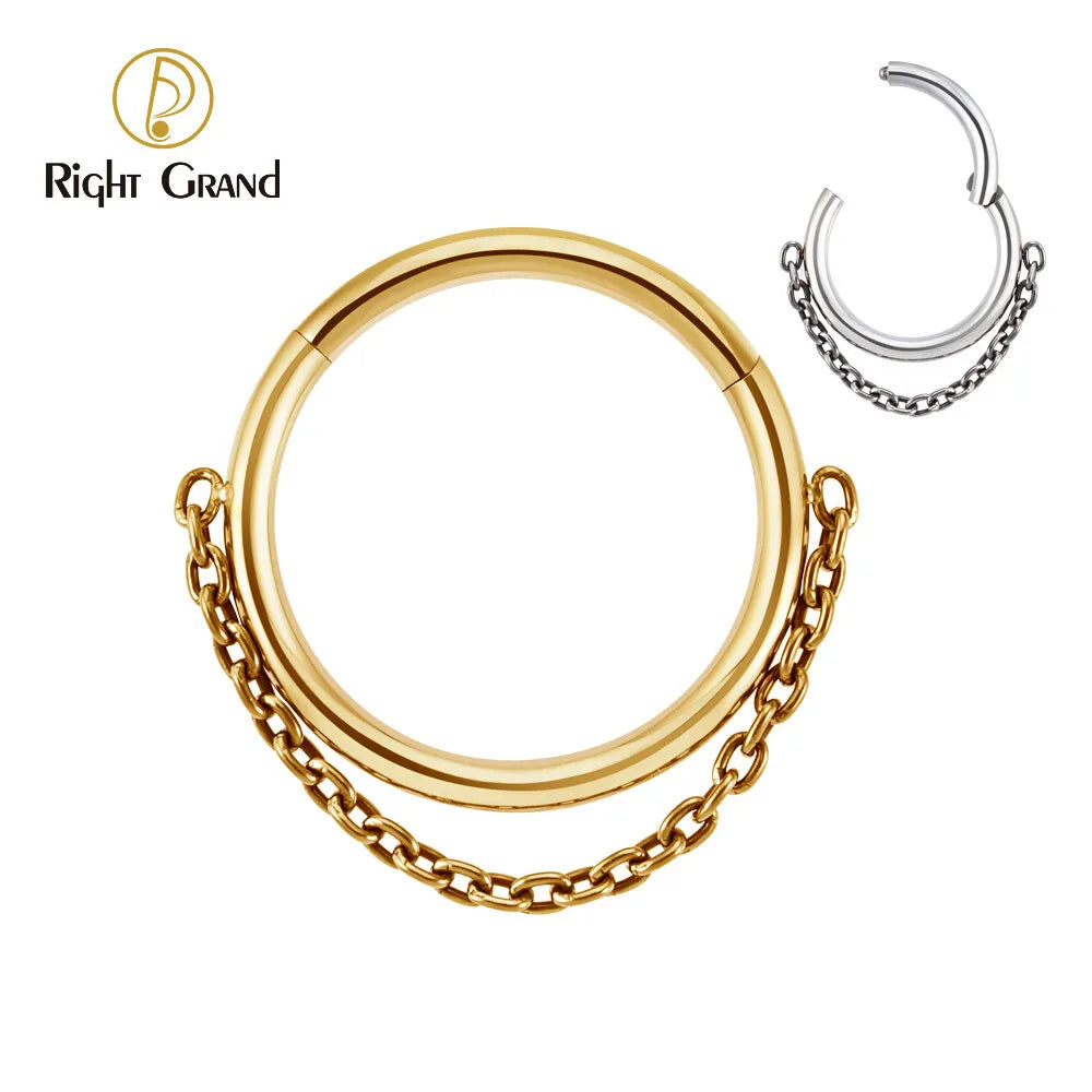 ASTM F136 Titanium Mirror Polish Chain Hinged Nose Ring Clicker for Cartilage Helix Tragus Conch Piercing Jewelry