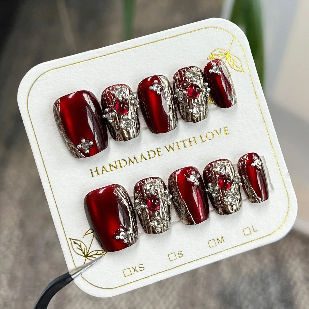 24 Pcs Retro Luxury Cat-eye Red Glittering Gemstone Dazzling Sparkle Press on Nails Artificial Fingernails False Nails SP128