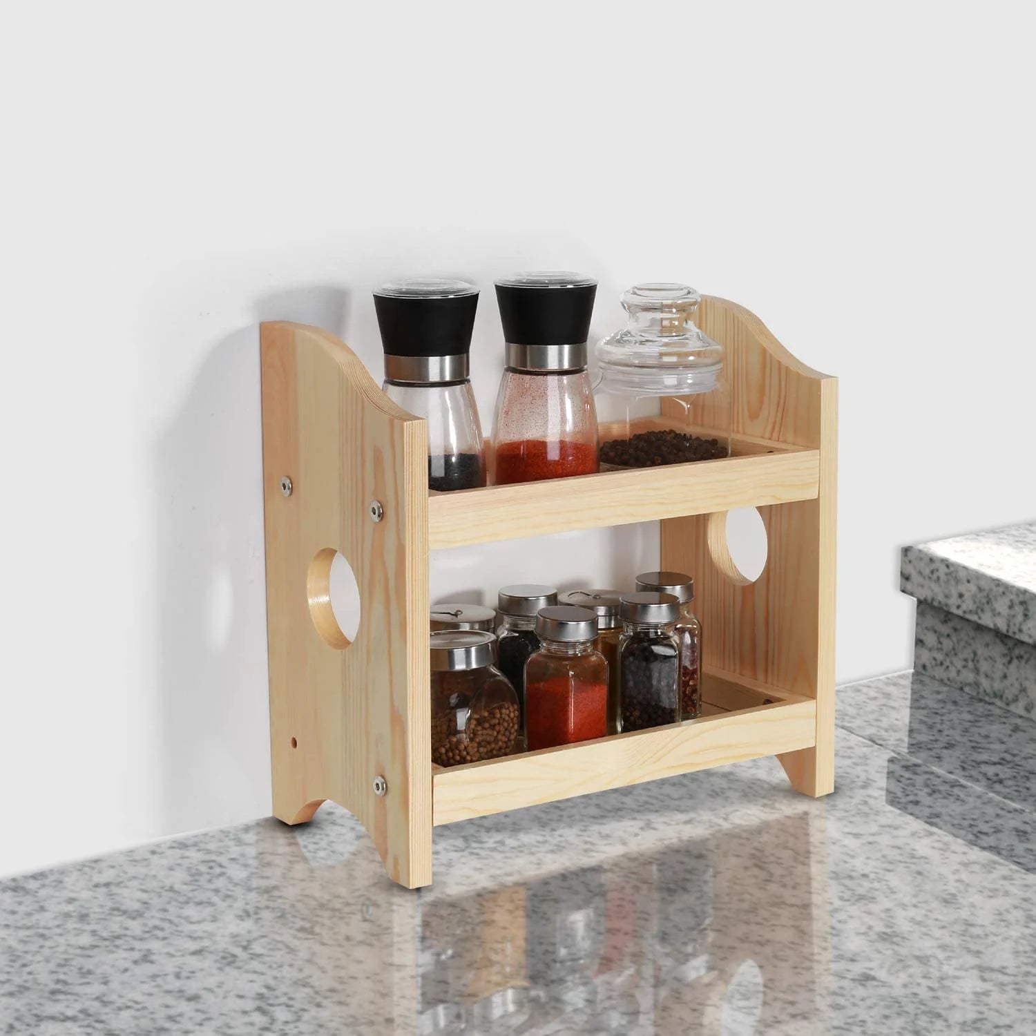 JUNJI Rustic Style 2 Tier Wood Spice Rack Organizer Desktop Kitchen Bedroom Bathroom Laundry Room  Garage Entryway Key Shelf