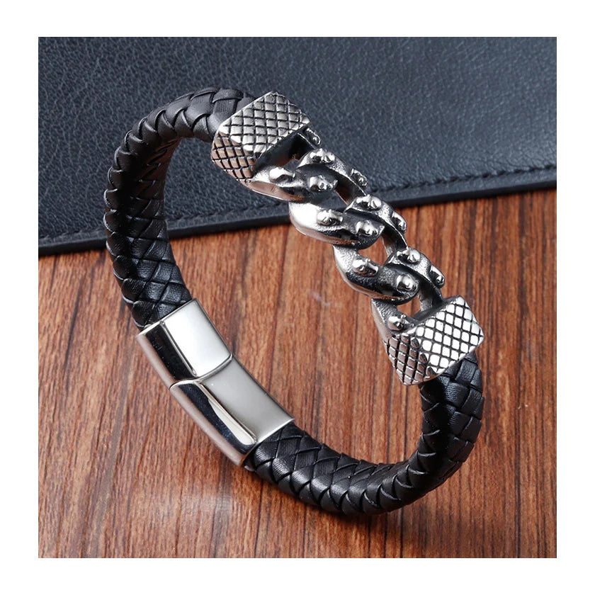 Hot Selling Vintage Fashion Braided Rope Bangle Stainless Steel Magnetic Clasp Genuine Leather Bracelet for Men Jewelry