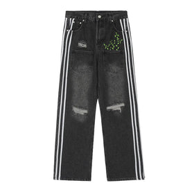 New Arrival Custom Men's Denim Black Pants Side Metal Wide Leg LOGO Denim Straight Jeans 100% Cotton Breathable Spring Button