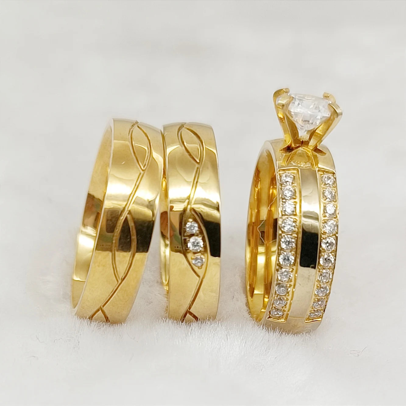 Vintage 3pcs 24K Gold Plated Stainless Steel Engagement & Wedding Bands Couple Rings for Men Women Bridal Sets