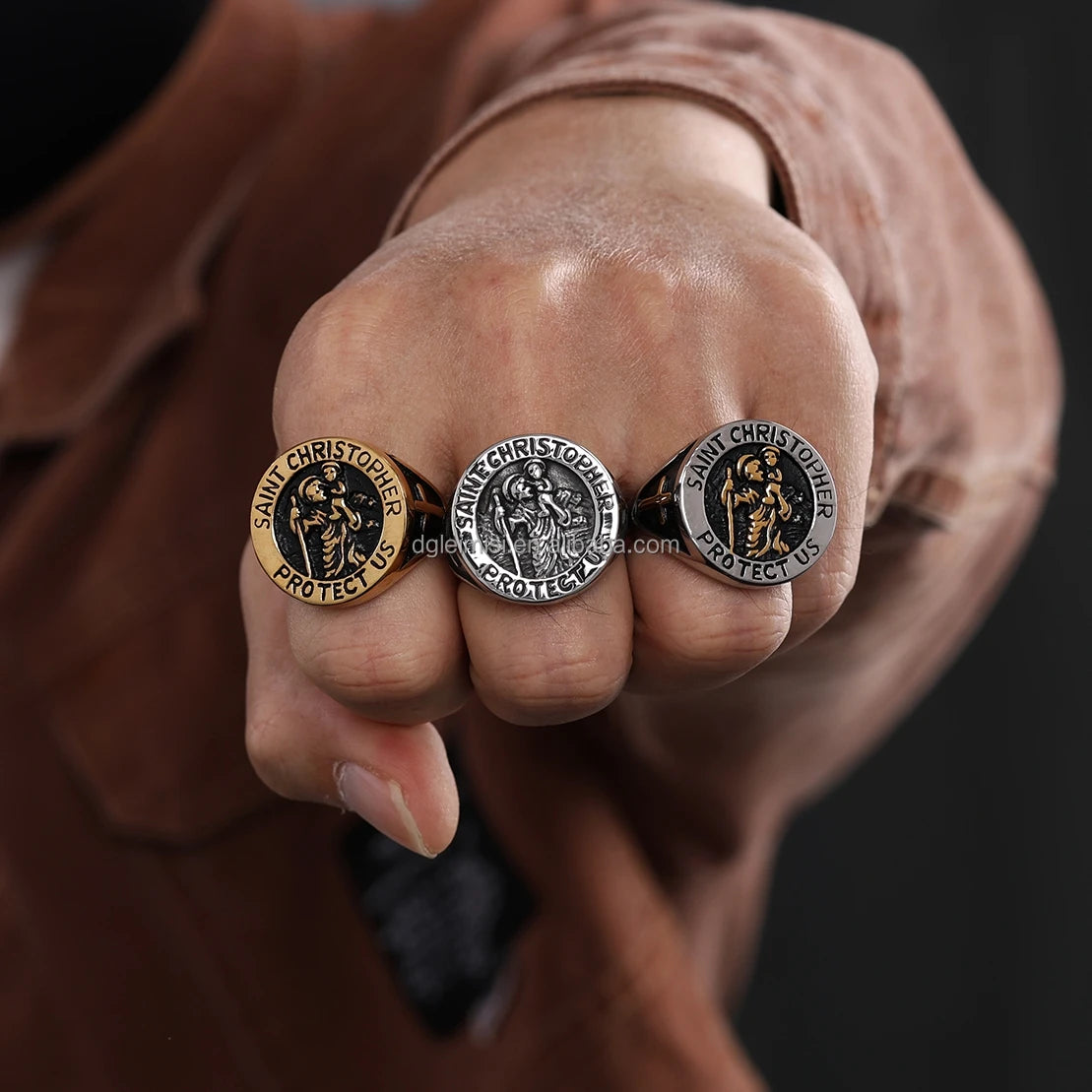StainlessSteelfashion Jewelry Saint Christopher Rings St Florian RingsCatholic Medal Great Protector Archangel Defeating Amulet