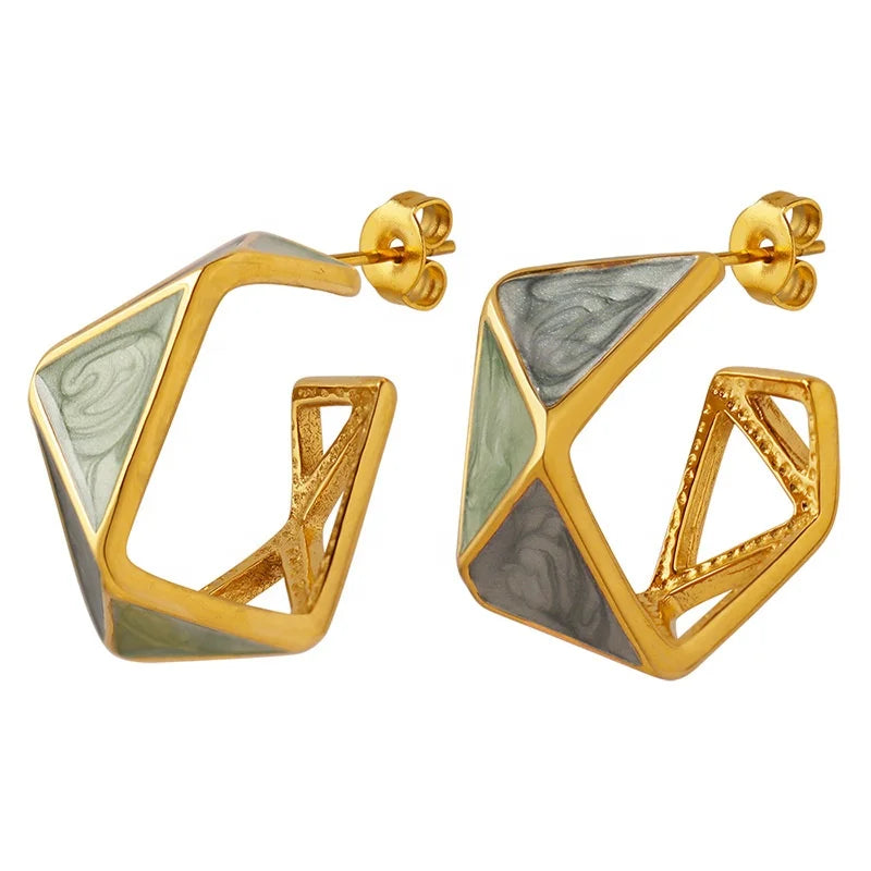 2023 New Arrivals Vintage Style Enamel 18K Gold Plated Geometric Triangle Stainless Steel Hoop Stud Earrings