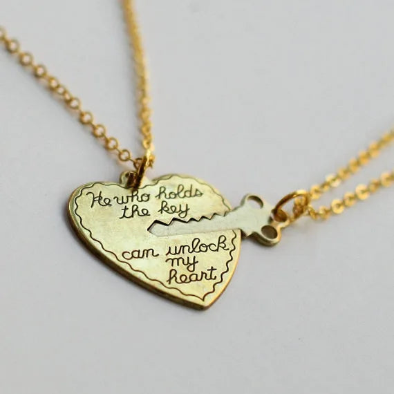 2pcs Collar Long Neck Chain Couple Necklace Set Unisex Lover Gift Key Heart Pendant Necklaces