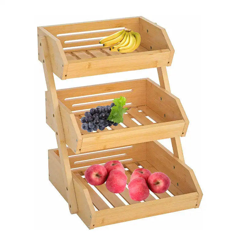 Wholesale Large 3-Tier Bamboo Fruit Basket Bowl for Kitchen Countertop Vegetable Wood Food Basket Storage