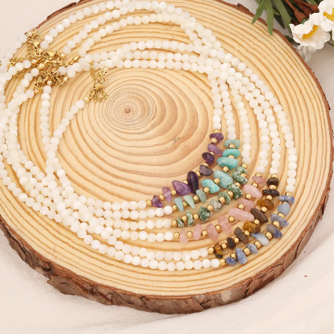New Fashion Natural Chips Stone White Shell Stainless Steel Choker Necklace Women N1035