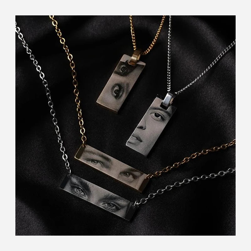 Personalized Custom Name Necklace Engrave Eye Photos Geometric Long Pendants Stainless Steel Necklace for Women Men